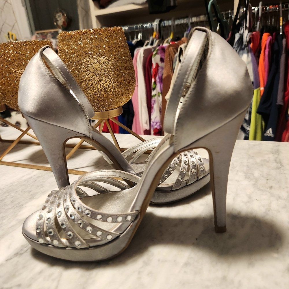 Audrey Brooke-grey satin size 6.5 heels with crystals.